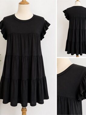 entro Black Tiered Babydoll Flutter Sleeve Dress Boutique size L